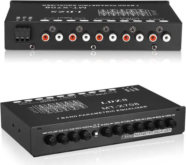 Alt view image 2 of 5 - Facmogu 7-Band Car Audio Equalizer, Adjustable 7 Bands EQ Car Amplifier Graphic Equalizer with CD/AUX Input Select Switch, Front/Rear + Sub Output, for Boat RV RTV Motorcycle Car Stereo Tone Control