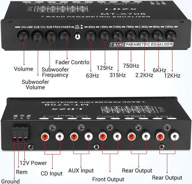Alt view image 3 of 5 - Facmogu 7-Band Car Audio Equalizer, Adjustable 7 Bands EQ Car Amplifier Graphic Equalizer with CD/AUX Input Select Switch, Front/Rear + Sub Output, for Boat RV RTV Motorcycle Car Stereo Tone Control