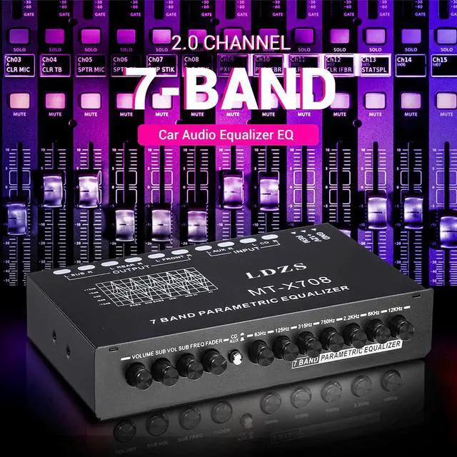 Alt view image 4 of 5 - Facmogu 7-Band Car Audio Equalizer, Adjustable 7 Bands EQ Car Amplifier Graphic Equalizer with CD/AUX Input Select Switch, Front/Rear + Sub Output, for Boat RV RTV Motorcycle Car Stereo Tone Control