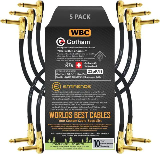 Main image of WORLDS BEST CABLES 5 Units - 9 Inch - Gotham GAC-1 Ultra Pro - Low-Cap (21pF/ft) Guitar Bass Effects Instrument, Patch Cable & Gold (6.35mm) Low-Profile R/A Pancake Type Connectors - Custom Made