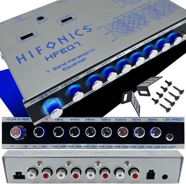 Main image of Hifonics HFEQ7 7-Band 9 Volts 1/2 DIN Pre-Amp Car Audio Graphic Equalizer with Front 3.5mm Auxiliary Input, Rear RCA Auxiliary Input and High Level Speaker Inputs Black