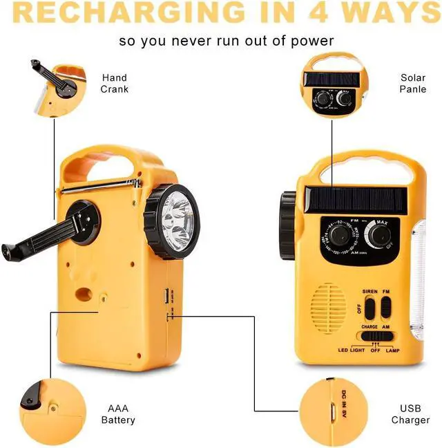 Alt view image 2 of 5 - HOSHINE Multi-Functional 4-Way Powered LED Camping Lantern & Flashlight with AM/FM Radio & Cell Phone Charger, Color Yellow
