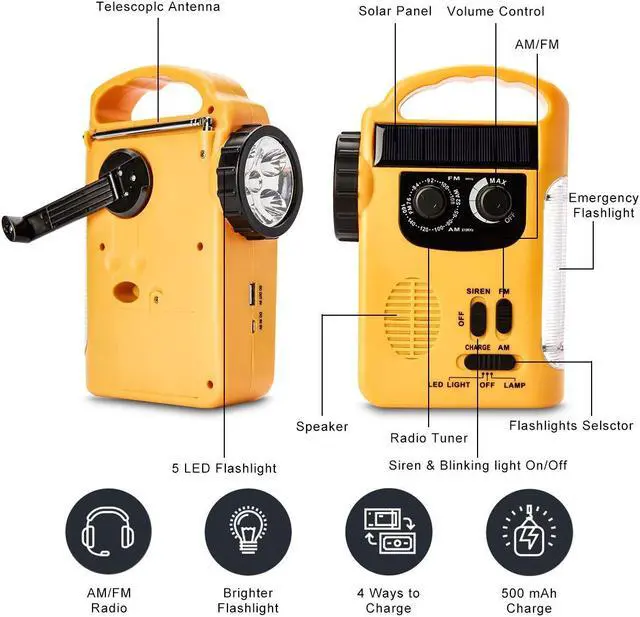 Alt view image 4 of 5 - HOSHINE Multi-Functional 4-Way Powered LED Camping Lantern & Flashlight with AM/FM Radio & Cell Phone Charger, Color Yellow