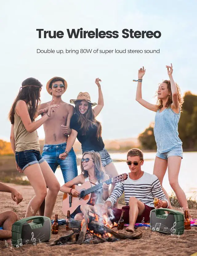 Alt view image 5 of 5 - IPX7 Waterproof Bluetooth Speaker, 40W (60W Peak) Portable Wireless Speakers, 32H Playtime, Stereo Loud Sound, Deep Bass, Bluetooth 5.0, Built-in Mic for Camping, Party, Outdoor, Gifts, Beach-Green