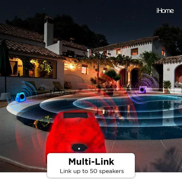 Alt view image 4 of 5 - iHome IHRK-500LTMS-PR Solar Rechargeable 30W Outdoor LED Rock Speaker, Weatherproof, Wireless, Multi-Link Surround Sound, for Pool and Garden - Pair