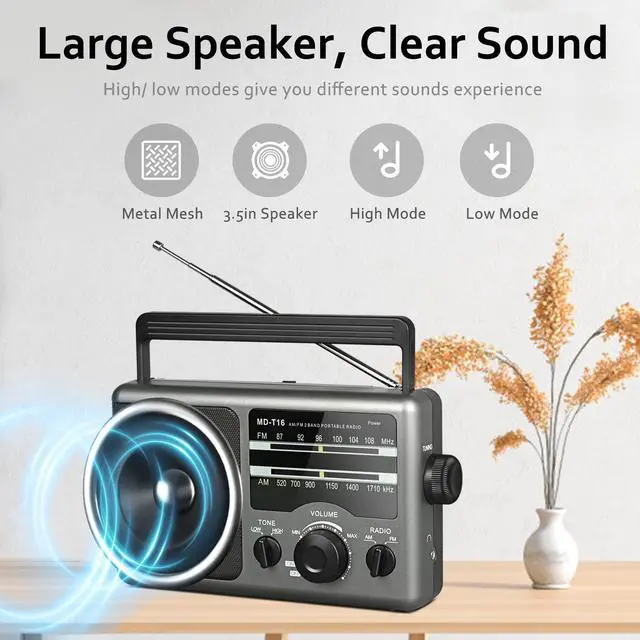 Alt view image 5 of 5 - AM FM Portable Radio Battery Operated Radio by 4X D Cell Batteries Or AC Power Transistor Radio with and Big Speaker, Standard Earphone Jack, High/Low Tone Mode, Large Knob