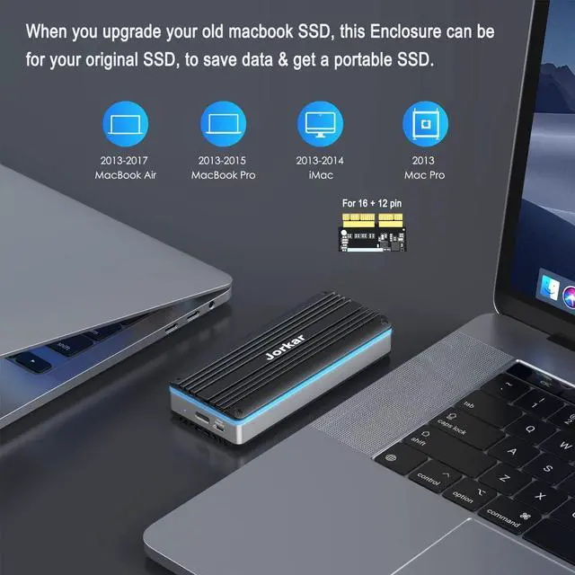 Alt view image 5 of 5 - Jorkar External SSD Enclosure USB-C 3.2 for 12+16 Pin MacBook SSD, Hard Drive Reader for A1466 A1465 A1502 A1398 SSD Mac Air/Pro mid 2013-2017, Portable Aluminum SSD Case with Indicator