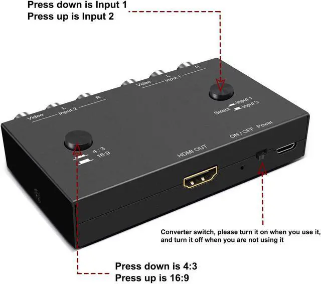 Alt view image 5 of 5 - 2 RCA to HDMI, 1080P 2 Way RCA Composite CVBS AV Switch to HDMI Video Audio Converter Adapter Supporting 4:3/16:9, for PC Laptop Xbox PS2 PS3 N64 NGC SNES WII VHS VCR Camera DVD
