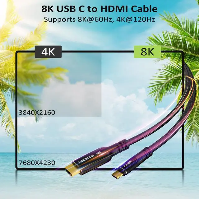 Alt view image 2 of 5 - 8K USB C to HDMI 2.1 Cable 25FT, (8K@60Hz,4K@120Hz, HDR), Braided Cord, Thunderbolt 3/4 Compatible, for iPhone 15 Series, MacBook Pro/Air, iPad Pro, Galaxy S23, Surface, Dell, HP, with 2 HDMI Adapters