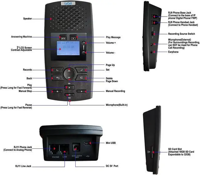 Alt view image 2 of 5 - LeCall Standalone Telephone Recorder/Phone Call Recorder/Call Recording Device for Analog Landline and Digital/IP Phones, AR120