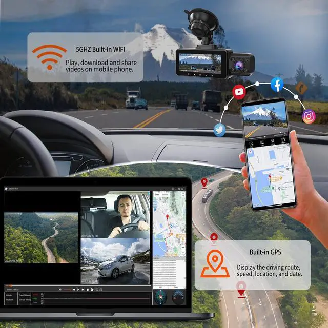 Alt view image 5 of 5 - LANMODO 3 Channels Dashcam Front Rear and Inside WiFi GPS (Dashcam 2 Channels)