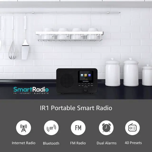 Alt view image 2 of 5 - LEMEGA IR1 Portable WiFi Internet Radio,FM Digital Radio,Bluetooth Speaker,Dual Alarms Clock,Sleep Snooze Timer,40 Presets, Headphone-Output,Colour Display,Batteries or Mains Powered  Black Finish