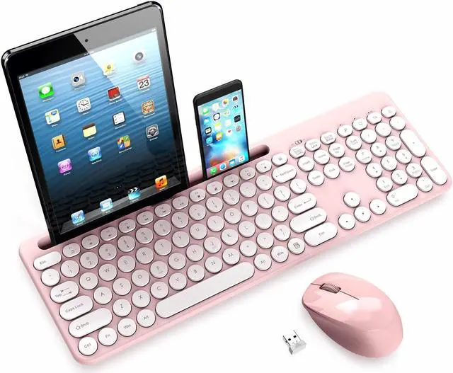 Main image of LeadsaiL Pink Wireless Keyboard and Mouse Combo, Full-Sized Ergonomic Computer Keyboard with Phone Tablet Holder, 2.4GHz Silent Cordless Keyboard Mouse Set for Windows Laptop, PC, Desktop