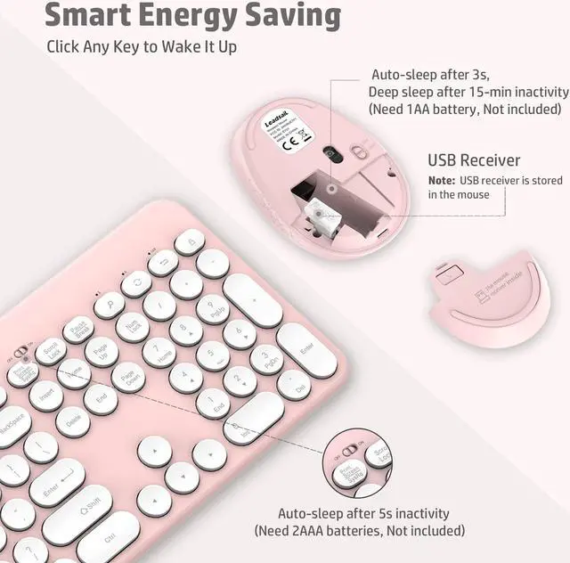Alt view image 3 of 5 - LeadsaiL Pink Wireless Keyboard and Mouse Combo, Full-Sized Ergonomic Computer Keyboard with Phone Tablet Holder, 2.4GHz Silent Cordless Keyboard Mouse Set for Windows Laptop, PC, Desktop