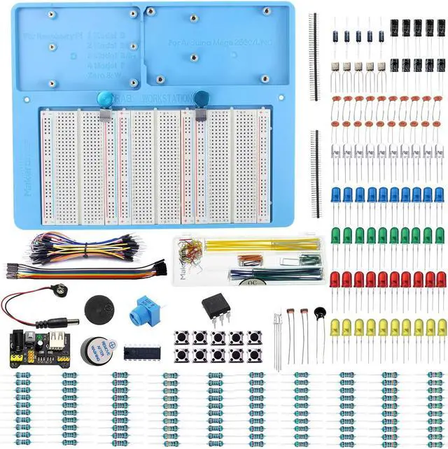 Main image of Makeronics 7 in 1 Blue Breadboard Holder Raspberry Pi 4 Holder + 1200 Breadboard+Electronics Fun Kit|Power Supply Module| Precision Potentiometer and More for Prototyping Circuit/Arduino/Raspberry Pi
