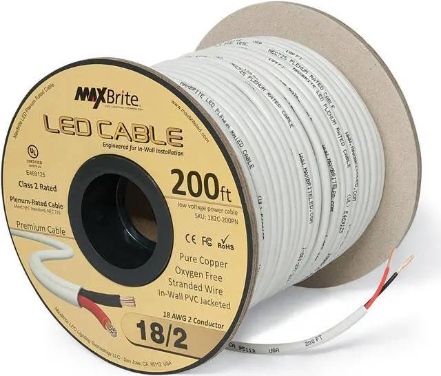 Main image of 18AWG LED Cable/Speaker Wire 2 Conductor in-Wall Plenum Rated Jacketed, Low Voltage Wiring, UL Class 2 Certified - 200 ft Spool