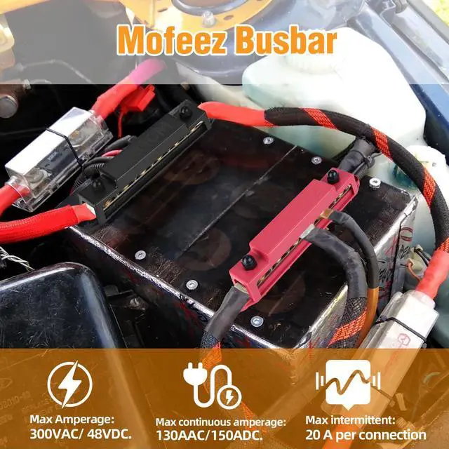 Alt view image 5 of 5 - MOFEEZ Power Distribution Block Bus Bar, 6 x 3/8" Posts, 10 x #8 Screws Terminals, Max 48V 250A (Pair, Red & Black)