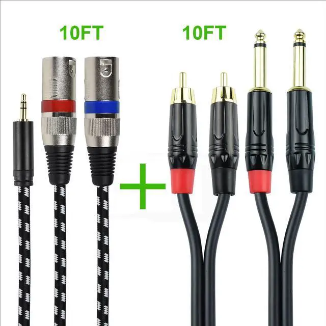 Main image of Mugteeve One 10Feet 1/8 to Dual XLR Male Y Splitter Cable - with - One 10Feet Dual 1/4 TS to Dual RCA Cable