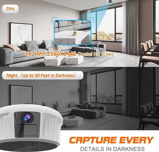 Alt view image 4 of 5 - 2K Hidden Camera Smoke Detector - Spy Camera for Home Security with Night Vision Motion Detection - 10000mAH Rechargeable Wireless PTZ Surveillance Baby Dog Pet Monitor - 200 Days Battery Power