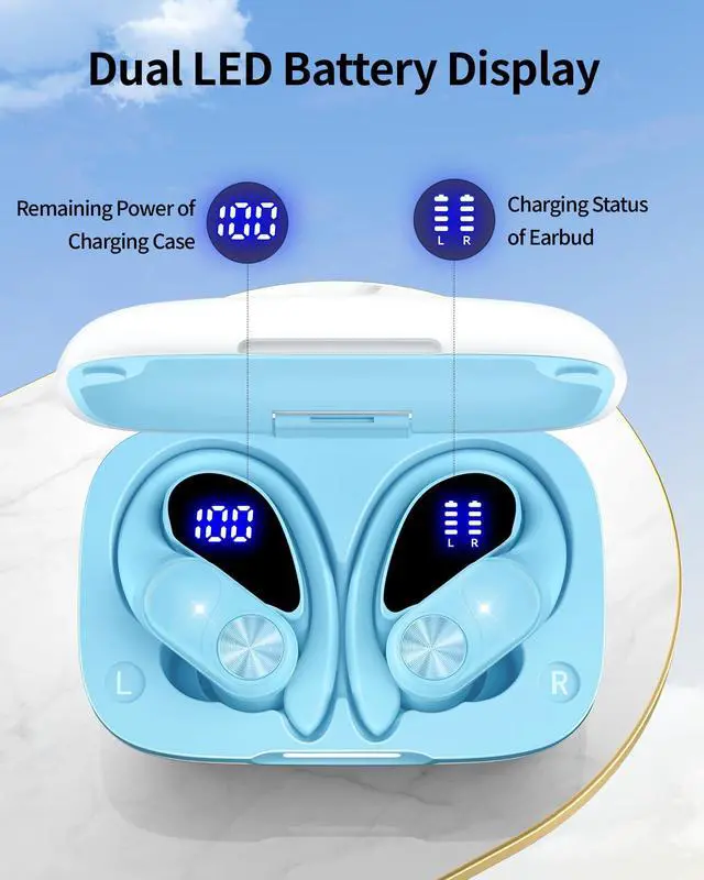 Alt view image 2 of 4 - PocBuds Bluetooth Headphones Wireless Earbuds 80hrs Playtime Wireless Charging Case Digital Display Sports Ear Buds with Earhook Deep Bass IPX7 Waterproof Over-Ear Earphones for TV Phone Laptop Blue