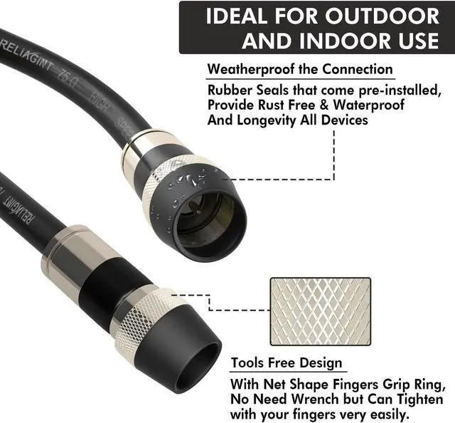 Alt view image 5 of 5 - RELIAGINT Coaxial Cable 100FT, RG6 Coax Cable Cord for TV with Weatherproof Rubber Boot - Ideal Outdoor TV Cable Wire and Antenna Wire Extension Cable, Tri-Shield UV - Fire Resistant Wall Rated