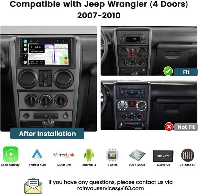 Alt view image 2 of 5 - Roinvou [8 Core 6G+128G] for Jeep Wrangler (4 Doors) 2007-2010 Android Radio with Wireless Carplay Android Auto, 9 Inch IPS Touch Screen Car Stereo, Bluetooth 5.0, 32 EQ, GPS, WiFi, 59UI, SWC