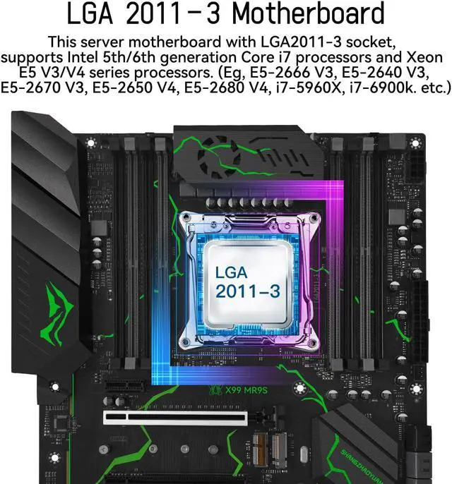 Alt view image 2 of 5 - SHANGZHAOYUAN LGA 2011-3 Motherboard X99 for Intel E5 V3/V4 and 5th/6th gen Core i7 Series Processors, DDR4 Slots max 256GB, NVME M.2, NGFF M.2,WiFi M.2, SATA 6Gbps, Gb LAN (E5 MR9S, ATX)