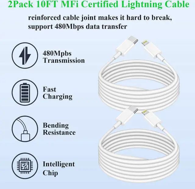 Alt view image 3 of 5 - 2Pack Fast Charger iPhone [Apple MFi Certified],10FT iPhone Charger Fast Charging USB C to Lightning Cable with 2Pack PD USB C ChargerBlock 10ft i Phone Charger Cord for i Phone 14/13/12/11/X/XS Max/8