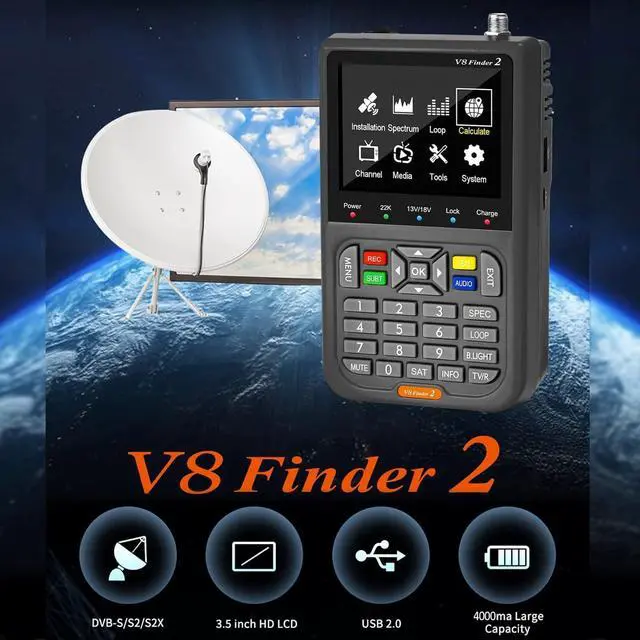 Alt view image 3 of 5 - V8 Finder 2 TV Signal Finder Meter, DVB-S/S2/S2X Signal Receiver with 3.5 inch HD Digital Display, H.264 Auto Calculate Angle Built-in 4000mAh Battery for Adjusting Sat Dish