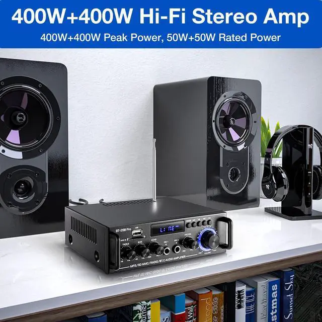 Alt view image 3 of 5 - 298Pro Stereo Audio Amplifier, Max 400W Home 2 Channel Bluetooth 5.0 Wireless Power Amplifier, HiFi Sound Home Theater Audio System Home Stereo Receiver, MIC in w/Echo, Bass & Treble w/USB/RCA/FM