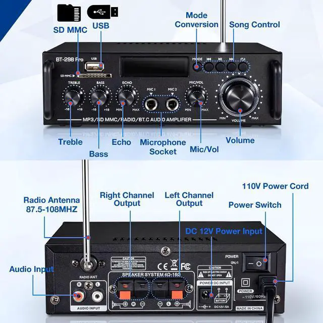 Alt view image 2 of 5 - 298Pro Stereo Audio Amplifier, Max 400W Home 2 Channel Bluetooth 5.0 Wireless Power Amplifier, HiFi Sound Home Theater Audio System Home Stereo Receiver, MIC in w/Echo, Bass & Treble w/USB/RCA/FM