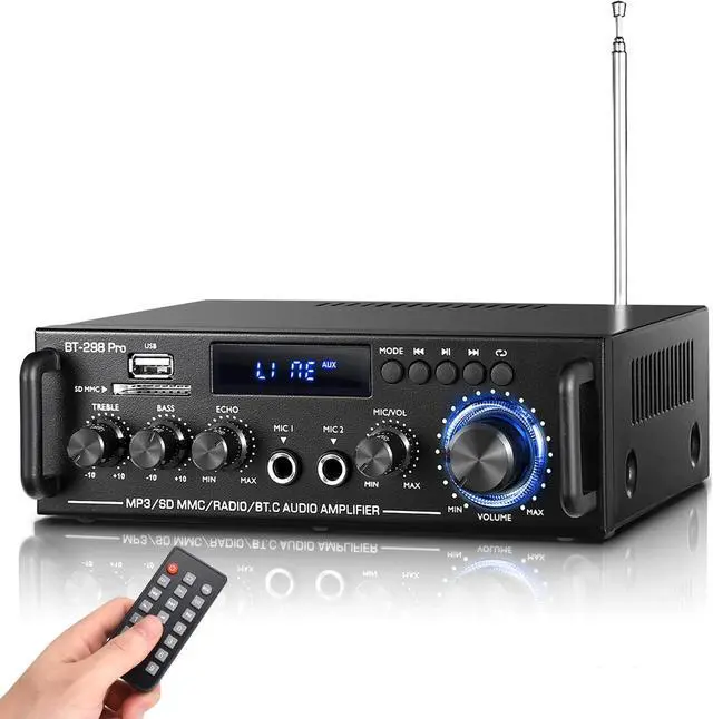 Main image of 298Pro Stereo Audio Amplifier, Max 400W Home 2 Channel Bluetooth 5.0 Wireless Power Amplifier, HiFi Sound Home Theater Audio System Home Stereo Receiver, MIC in w/Echo, Bass & Treble w/USB/RCA/FM
