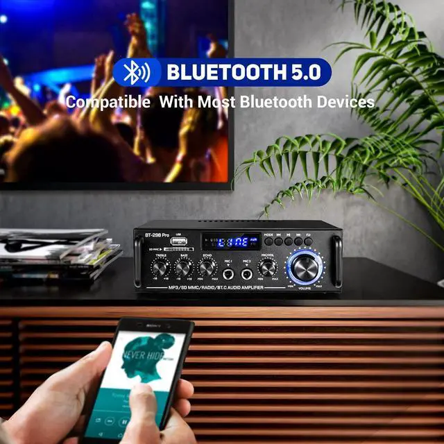 Alt view image 4 of 5 - 298Pro Stereo Audio Amplifier, Max 400W Home 2 Channel Bluetooth 5.0 Wireless Power Amplifier, HiFi Sound Home Theater Audio System Home Stereo Receiver, MIC in w/Echo, Bass & Treble w/USB/RCA/FM