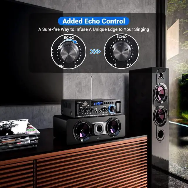 Alt view image 5 of 5 - 298Pro Stereo Audio Amplifier, Max 400W Home 2 Channel Bluetooth 5.0 Wireless Power Amplifier, HiFi Sound Home Theater Audio System Home Stereo Receiver, MIC in w/Echo, Bass & Treble w/USB/RCA/FM