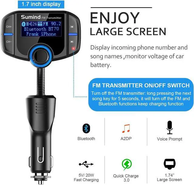 Alt view image 3 of 5 - Upgraded Bluetooth FM Transmitter, Wireless Radio Adapter Hands Free Car Kit with 1.7'' Display, QC3.0 and Smart 2.4Amp Dual USB Ports, AUX Input/Output, TF Card Mp3 Player (PD, Black)