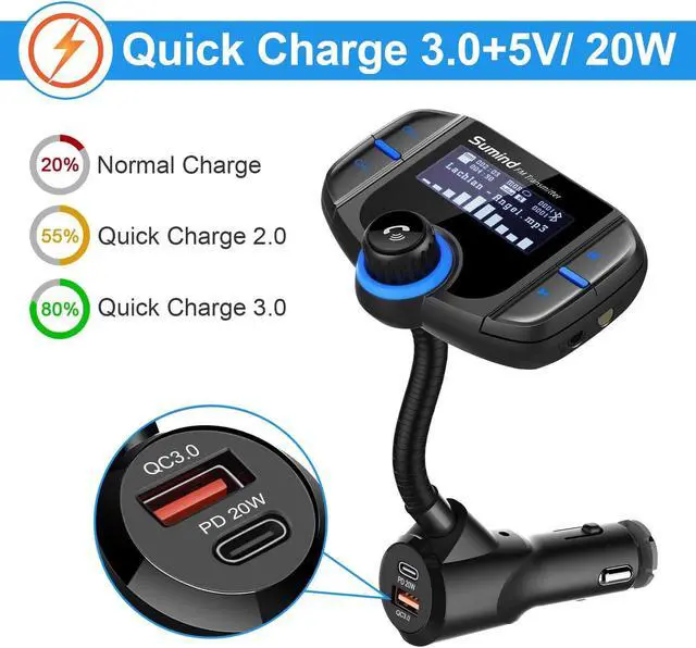 Alt view image 4 of 5 - Upgraded Bluetooth FM Transmitter, Wireless Radio Adapter Hands Free Car Kit with 1.7'' Display, QC3.0 and Smart 2.4Amp Dual USB Ports, AUX Input/Output, TF Card Mp3 Player (PD, Black)