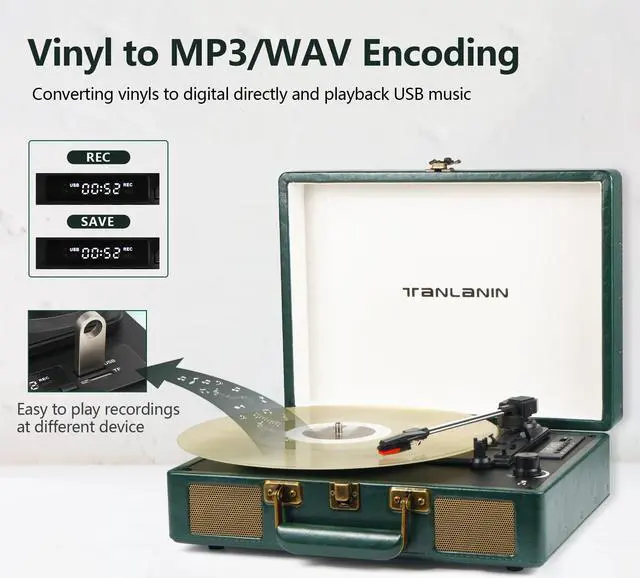 Alt view image 3 of 5 - Vintage 3-Speed Bluetooth Portable USB Suitcase Record Player with Built-in Speakers | Upgraded Vinyl Turntable Audio Sound| Includes Extra Stylus & Mat | Green