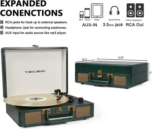 Alt view image 5 of 5 - Vintage 3-Speed Bluetooth Portable USB Suitcase Record Player with Built-in Speakers | Upgraded Vinyl Turntable Audio Sound| Includes Extra Stylus & Mat | Green
