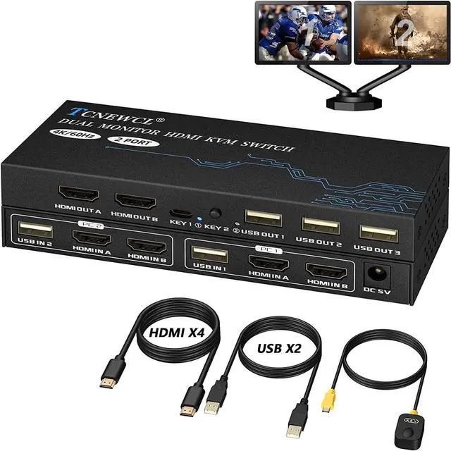 Main image of TCNEWCL KVM Switch 2 Monitors 2 Computers, 4K@60Hz Dual Monitor KVM Switch for 2 PC Share 2 Monitor 3 USB 2.0 Hub, Support Extended/Copy Mode with 4 HDMI Cables+2 USB Cable and Desktop Controller