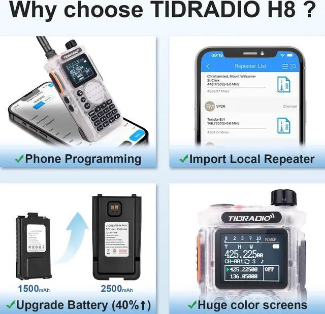 Alt view image 3 of 5 - (2nd Gen) TIDRADIO H8 GMRS Handheld Radio with Bluetooth Programming Repeater Capable Dual Band Long Range Two Way Radios with 4PCS Batteries 771 Long Antenna & Earpiece- Crystal, 2Pack Full Kit