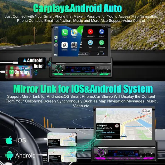 Alt view image 4 of 5 - (2025 Motorized) Single Din Apple Carplay Car Stereo with Android Auto - 7 Inch Flip Out Touchscreen Car Radio with Bluetooth| Mirror Link| Backup Camera/USB/AUX Input/AM/FM/Subwoofer/DSP