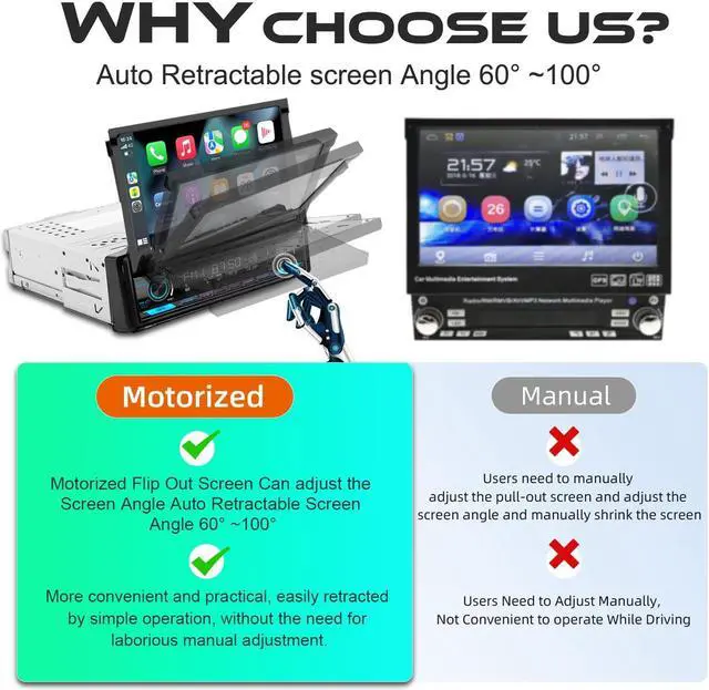 Alt view image 2 of 5 - (2025 Motorized) Single Din Apple Carplay Car Stereo with Android Auto - 7 Inch Flip Out Touchscreen Car Radio with Bluetooth| Mirror Link| Backup Camera/USB/AUX Input/AM/FM/Subwoofer/DSP