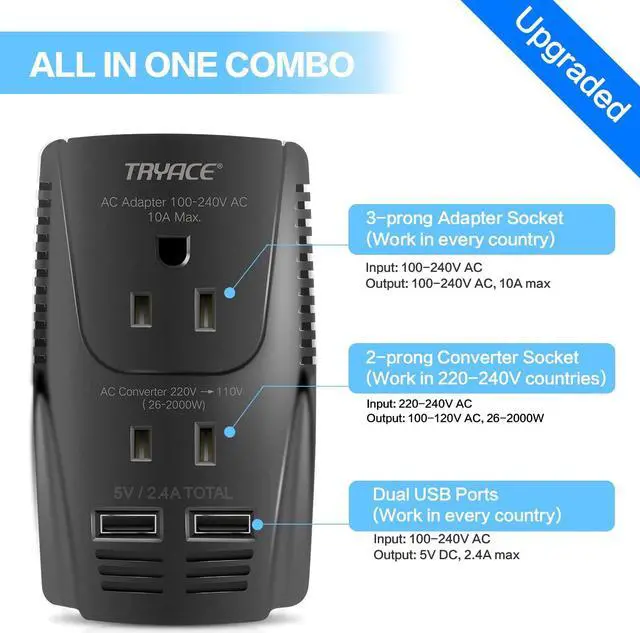 Alt view image 3 of 5 - TryAce 2000W Travel Voltage Converter Step Down 220v to 110v Power Converter for Hair Dryer Straightener Curling Iron, 10A Power Adapter with 2 USB Charging EU/UK/AU/US Worldwide Plug for Phone