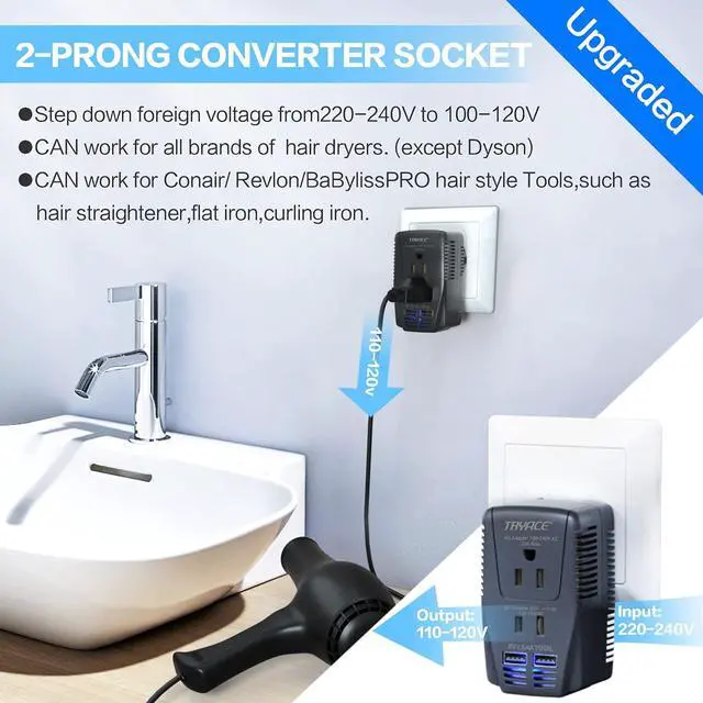 Alt view image 4 of 5 - TryAce 2000W Travel Voltage Converter Step Down 220v to 110v Power Converter for Hair Dryer Straightener Curling Iron, 10A Power Adapter with 2 USB Charging EU/UK/AU/US Worldwide Plug for Phone