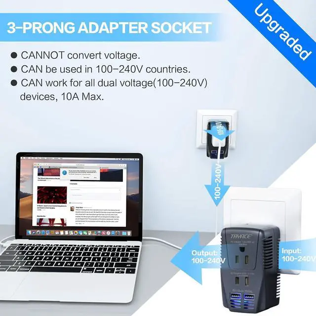 Alt view image 5 of 5 - TryAce 2000W Travel Voltage Converter Step Down 220v to 110v Power Converter for Hair Dryer Straightener Curling Iron, 10A Power Adapter with 2 USB Charging EU/UK/AU/US Worldwide Plug for Phone