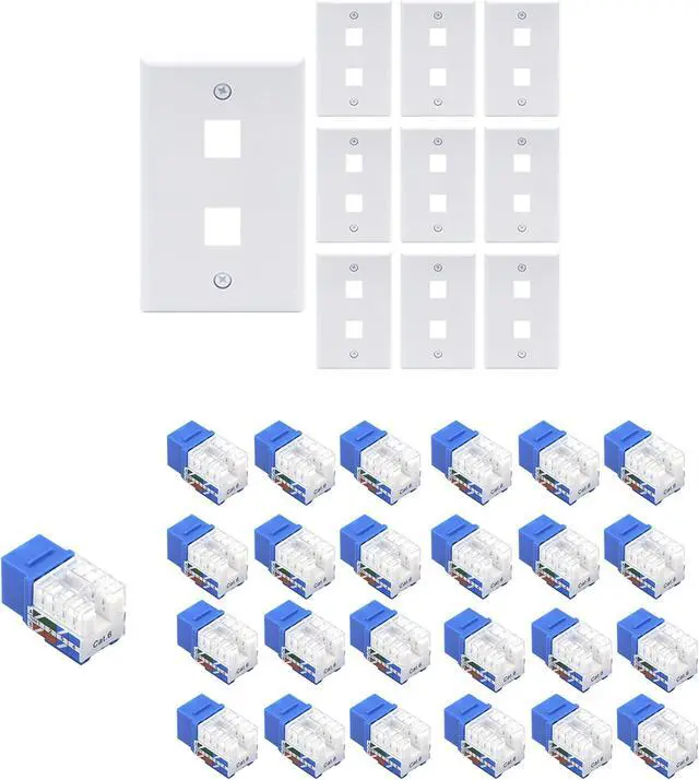 Main image of VCE 25-Pack RJ45 Cat6 Keystone Jack 90 Degree Insert Bundle with 2-Port Keystone Wall Plate 10 Pack