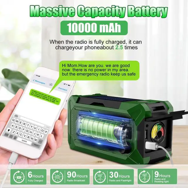Alt view image 2 of 5 - 10000mAh Emergency Hand Crank Radio with LED Flashlight, AM/FM NOAA Portable Weather Alert Radio, Solar Powered Radio with Phone Charger, USB Charged, Headphone Jack, SOS Alarm, Compass for Outdoors