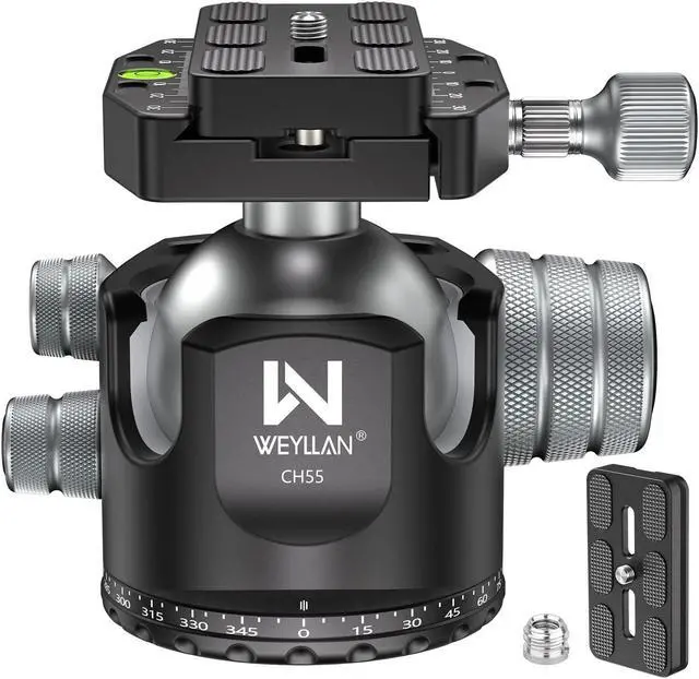 Main image of Low Profile Ball Head 55mm Tripod Ball Head WEYLLAN CH55 Heavy Duty 360 Panoramic Tripod Head, Large Size CNC Aluminum Camera Head for Tripod, with Two Arca Quick Release Plates, Max Load 88lbs/40kg