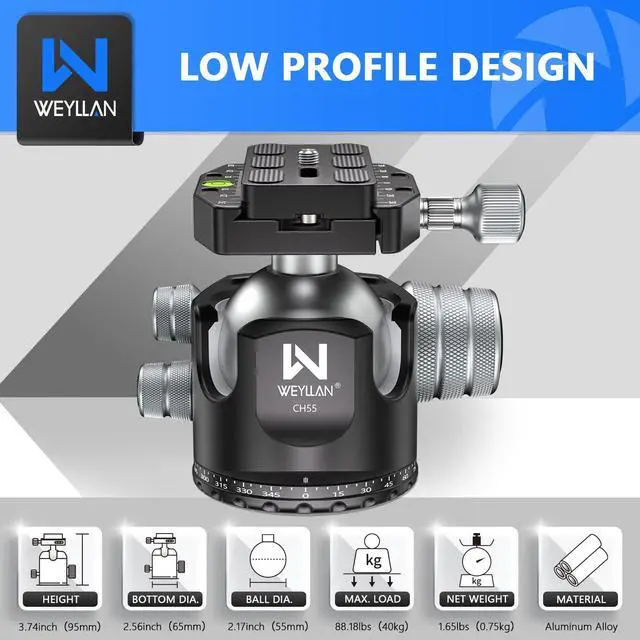 Alt view image 2 of 5 - Low Profile Ball Head 55mm Tripod Ball Head WEYLLAN CH55 Heavy Duty 360 Panoramic Tripod Head, Large Size CNC Aluminum Camera Head for Tripod, with Two Arca Quick Release Plates, Max Load 88lbs/40kg