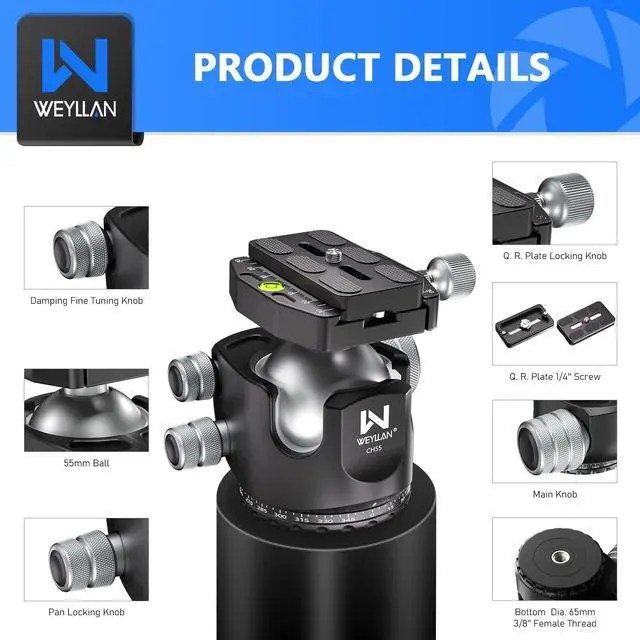 Alt view image 3 of 5 - Low Profile Ball Head 55mm Tripod Ball Head WEYLLAN CH55 Heavy Duty 360 Panoramic Tripod Head, Large Size CNC Aluminum Camera Head for Tripod, with Two Arca Quick Release Plates, Max Load 88lbs/40kg